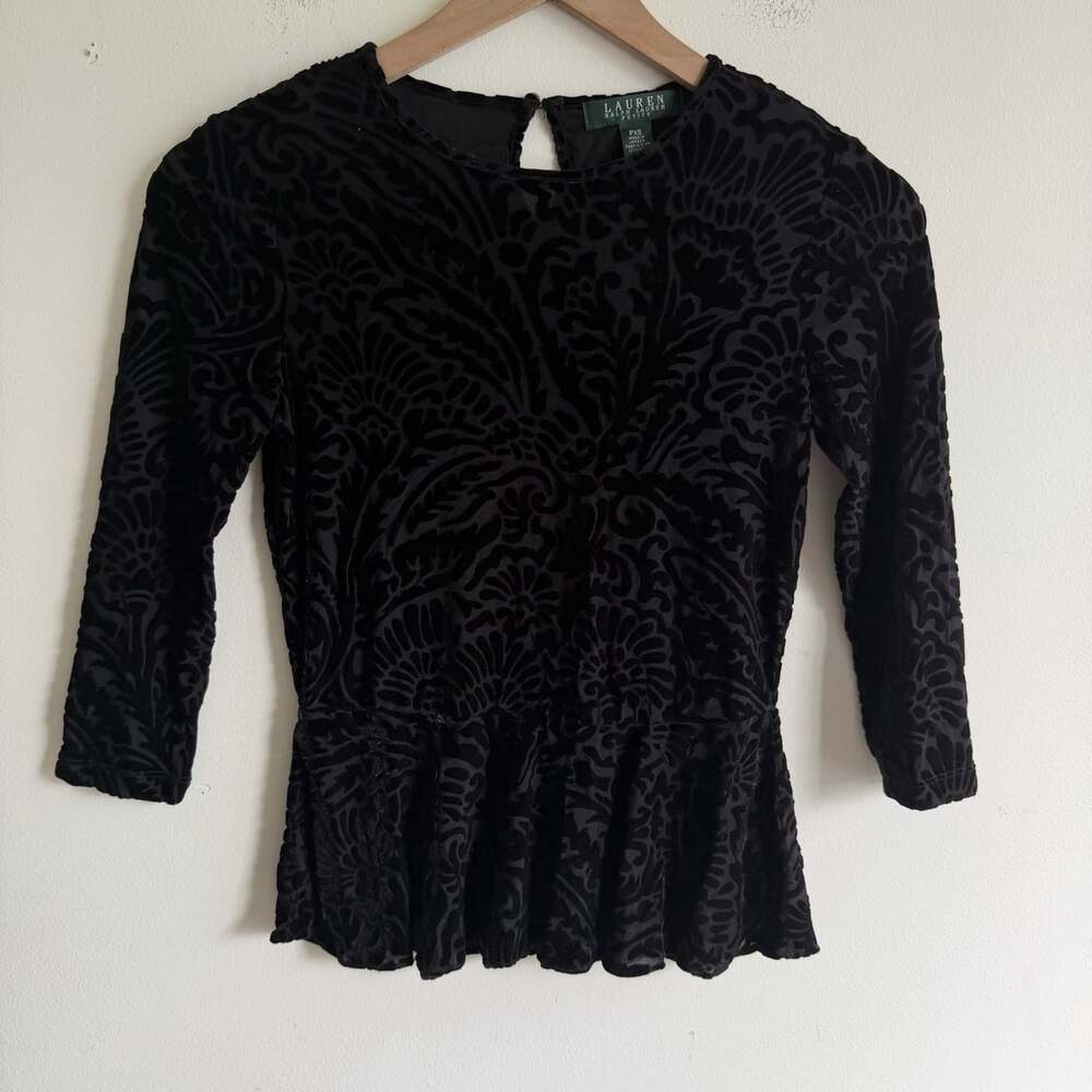 NWT Lauren Ralph Lauren Velvet Burnout Whimsigoth Top XSP Petite Black Goth Mesh